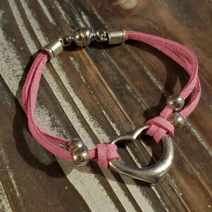 Silver Pink Vegan Suede Open Heart Bracelet